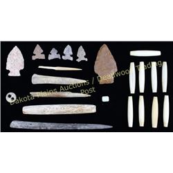 Collection of points, awls, beads, and misc. 22 pieces in all, points showing good condition.  Est. 