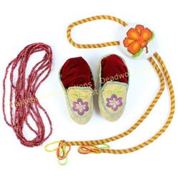 Collection of 3 includes c. 1920's -1930's woodlands baby moccassins 4" long, 3 strands early white 