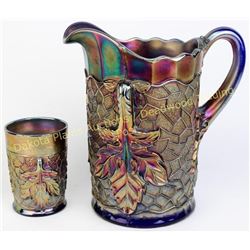Matching carnival glass pitcher and tumbler c. 1910, iridescent ametheyst Dugan maple leaf pattern, 