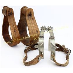 Collection of 2 includes pair Rinalde short shank bronc spurs with straps and childs size bent wood 