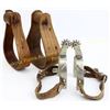 Image 1 : Collection of 2 includes pair Rinalde short shank bronc spurs with straps and childs size bent wood 