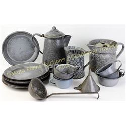 Collection of 21 pieces early gray granite ware all good to very good condition.  Est. 50-150