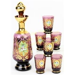 Hand painted Bohemian glass liquor set decanter and 6 glasses, amethyst color, gold accents, excelle