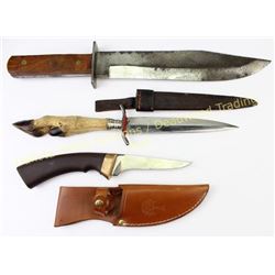 Collection of 3 Knives German Boker skinning knife w/ sheath, Large unmarked clip point bowie knife,