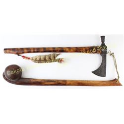 Collection of 2 Contemporary iron head tomahawk, 20" long with file burnt and tacked haft, Wooden ba