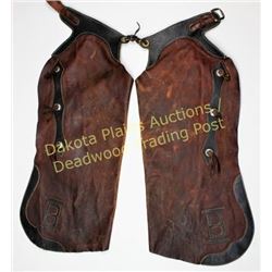 Unmarked Batwing Chaps applied brands on lower corners, good condition, perfect for cowboy cabin dec