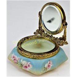 Wave Crest mirrored dresser box Nakara C.F.M. & Co. back stamp, hand painted pink floral on light bl