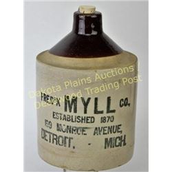 Antique advertising whiskey jug Marked Fred'k Myll Co. Detroit, MI, 1 gallon w/ no chips or cracks. 