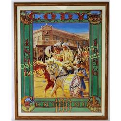 Framed Cody, WY 100th Centennial poster 1896-1996, depicting Buffalo Bill Cody horseback in front of