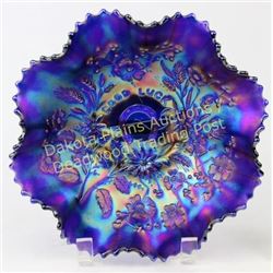 Northwood carnival glass bowl desirable Good Luck pattern and iridescent blue and purple w/ ruffled 