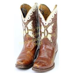 Vintage Tony Lama cowboy boots butterfly pattern, brown leather with white inlays to back and front 