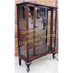 Antique mahogany china cabinet bow front glass door, 3 plate rail shelves on carved lions feet, cabi