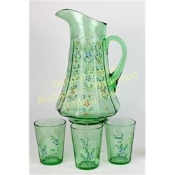 Beautiful antique water pitcher with 3 matching tumblers, hand painted floral pattern, pitcher 11" t