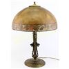 Image 1 : Antique table lamp, bronze hammered base 16" reverse painted glass shade, 21" tall, condition very g