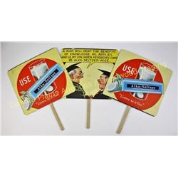 Collection of 3 Alka Seltzer advertising fans double sided, very good condition.  Est. 50-125