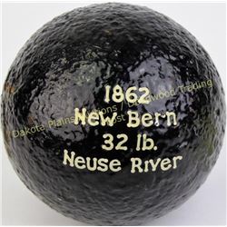 Civil war cannon ball from an old Michigan collection, marked 1862, New Bern 32lb, Neuse River.  Est