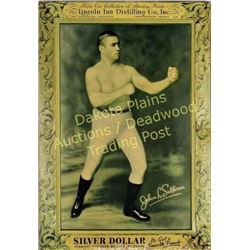 Original self-framed cardboard advertisement for Lincoln Inn Distillings Silver Dollar bourbon featu