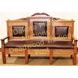 Antique American oak bench 71" long, nicely restored with brown cowhide leather upholstery brass tac