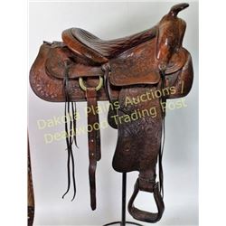 Fine MacPherson Los Angeles CA saddle fully carved floral pattern, diamond quilted seat, saddle rema