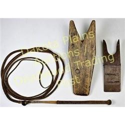 Collection of 3 includes bullwhip and 2 wooden boot jacks.  Est. 75-150