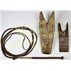 Image 1 : Collection of 3 includes bullwhip and 2 wooden boot jacks.  Est. 75-150