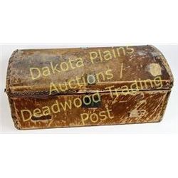 Early cowhide covered travel trunk brass tacked, partial American Express Co. label on top.  Est. 15