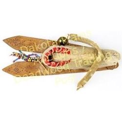 Plains Indian childs toy cradle tanned buckskin with cloth lined opening, hawk bell, beaded drops al