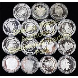 Collection of 15 coins includes 13 .999 silver History of America 20g each, 1890-1990 Eisenhower Cen