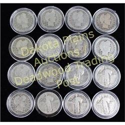 Collection of 16 coins includes 11 mixed date Standing Liberty quarters and 5 barber mixed date quar