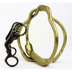 Collection of 2 includes iron lady leg bit with 5" cheeks and pair of brass stirrups.  Est. 50-100
