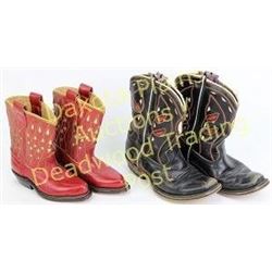 2 pair vintage childs cowboy boots smallest red pari c. 1940s-1950s with white cutout uppers, excell