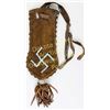 Image 2 : Leather beaded drawstring bag with classic rolling log symbol, light wear at throat, otherwise very 