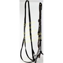 Complete Mexican bridle with silver inlaid bit and conchos, headstall with stamped floral pattern.  
