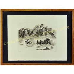 Original R.H. Palenski etching entitled "Pony Express" signed lower right corner, image size 7.5"X10
