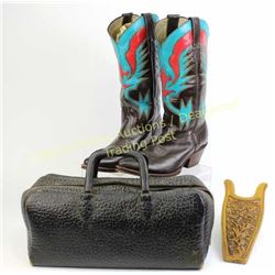 Cowboy collection of 3 includes boot jack, vintage pair custom cowboy boots, doctors bag.  Est. 75-1