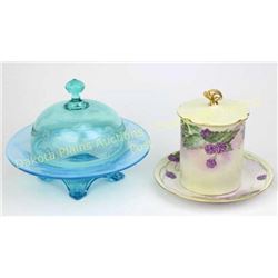 Collection of 2 includes fine lidded and footed depression glass candy bowl in blue, hand painted Vi
