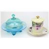 Image 1 : Collection of 2 includes fine lidded and footed depression glass candy bowl in blue, hand painted Vi