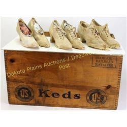 Collection of 4 includes great antique wood crate labeled Keds U.S. for Boy's Champion Oxford Shoes 