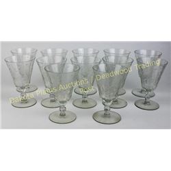 Set of 12 antique stemware with hand cut floral designer, nice quality set with NO chips, two with v