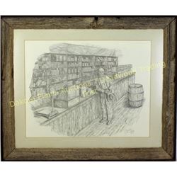 Pencil drawing lithograph 10/650 by Thomas Voorlis in custom barnwood frame, 16"X21".  Est. 50-100