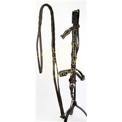Early spotted wide cheek headstall with anchor marked buckles, fitted with early unmarked California