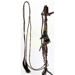 Contemporary Indian braided horse hair bridle in black and brown colors with 6 tassels, fitted with 
