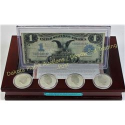 Collection of 5 includes 4 Eisenhower dollars and series 1899 Black Eagle one dollar silver certific