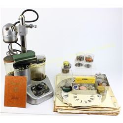 Collection of clock and watch parts and vintage L & R master jewelers sonic cleaner.  Est. 50-100
