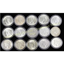 Collection of 15 mixed date silver peace dollars Est. 150-300