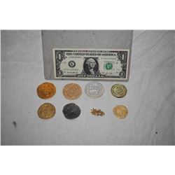 PIRATES OF THE CARIBBEAN COMPLETE SET OF 7 DIFFERENT SCREEN USED TREASURE COINS WITH GOLD CHAIN