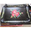 Image 4 : Black floral tea tray dbl trays on wheels + floral magazine stand