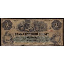 1861 $1 Bank of Crawford County Civil War Era Obsolete Bank Note