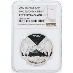 2012 Belarus 20 Roubles Two European Bison Silver Coin NGC PF70 Ultra Cameo