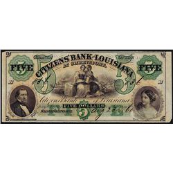 1860 $5 Citizens Bank of Louisiana Obsolete Bank Note